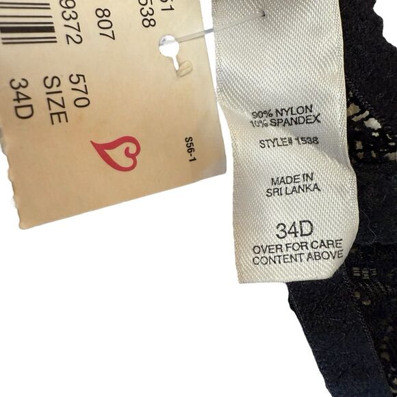 Victoria's Secret Bra‎ 34D Underwire Padded Black Floral Lace Nylon Stretch 1538 - Picture 7 of 9